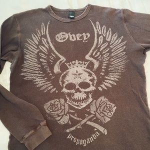 Obey distressed brown long-sleeved shirt. Size L